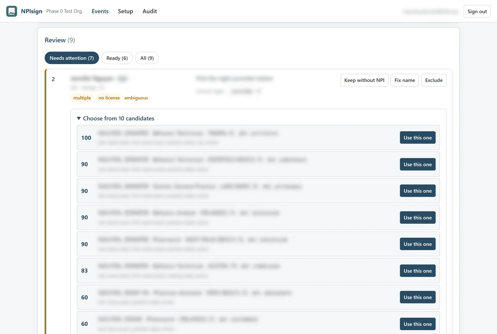 The review step: a flagged attendee with ranked registry candidates and the reasons each one matched